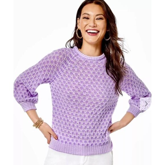 Lilly Pulitzer Corabelle Sweater Balloon Sleeve Purple Iris Wool Size Small - Picture 8 of 8